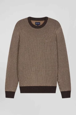 Pull col rond en laine et coton marron coupe Regular