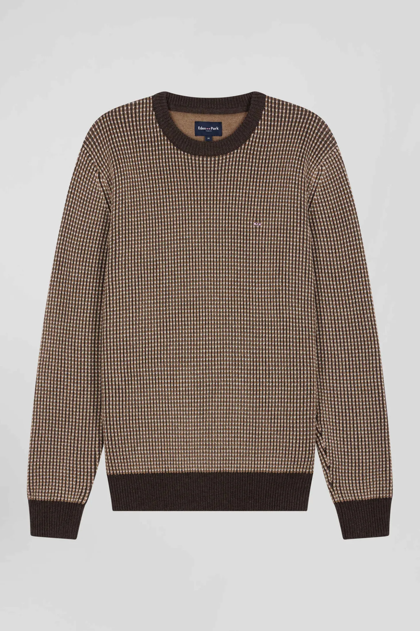 Pull col rond en laine et coton marron coupe Regular