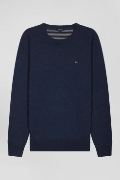 Pull col rond en laine et coton bleu foncé coupe Regular