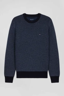 Pull col rond en laine et coton bleu marine coupe Regular