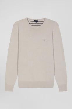 Pull col rond en laine et coton beige coupe Regular