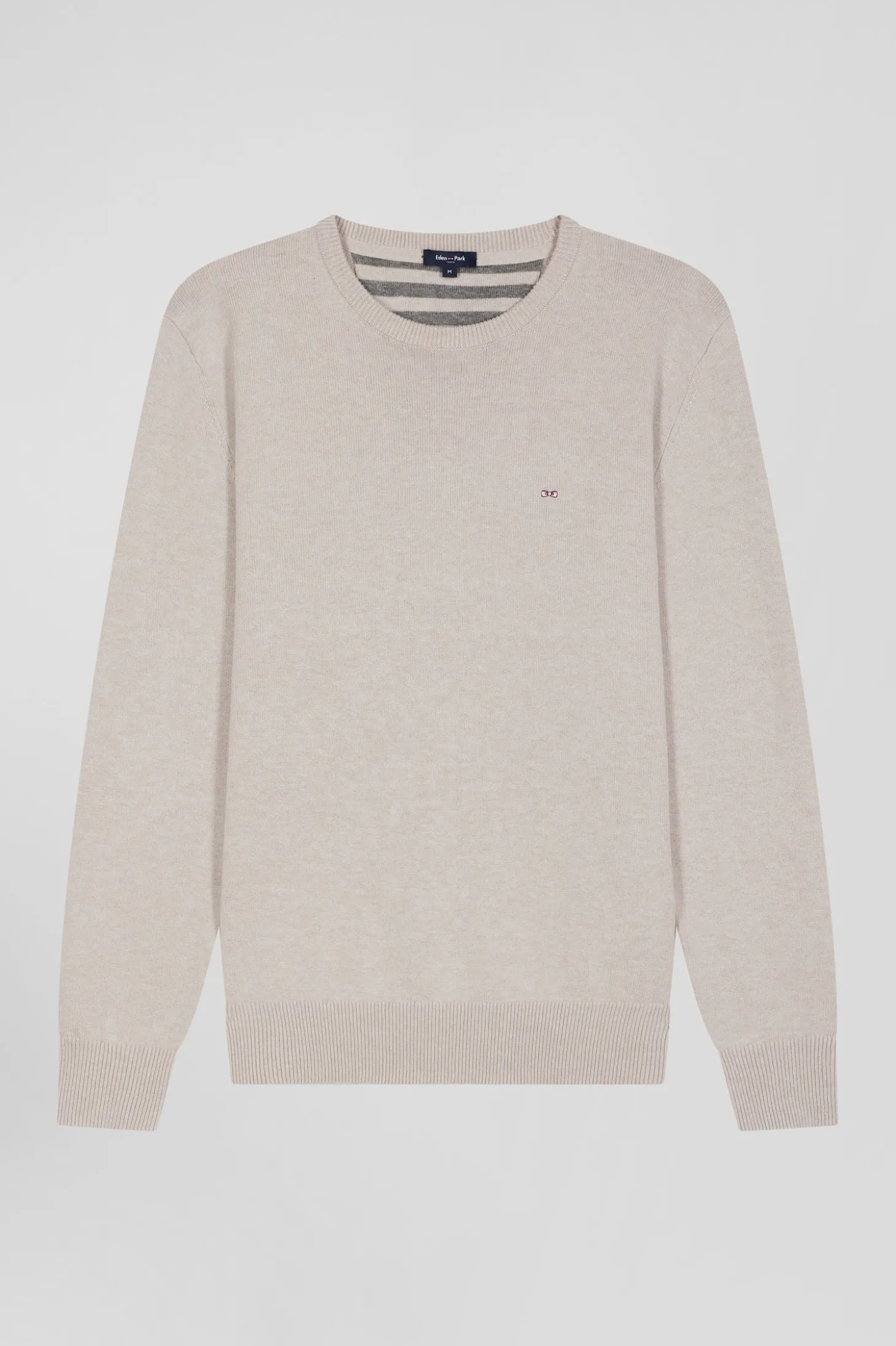 Pull col rond en laine et coton beige coupe Regular