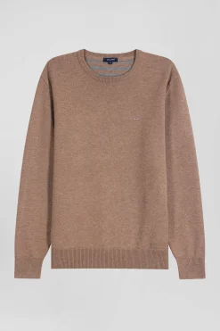 Pull col rond en laine et coton marron coupe Regular