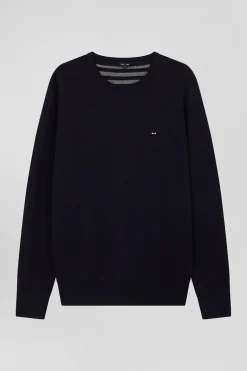Pull col rond en laine et coton bleu marine coupe Regular