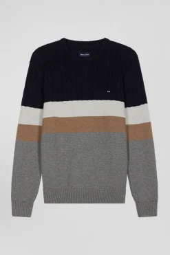 Pull col rond en laine et coton gris à jeux de maille coupe Regular