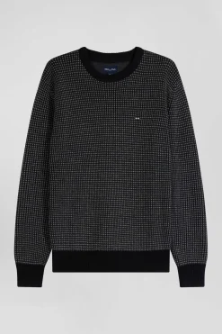 Pull col rond en laine et coton noir coupe Regular