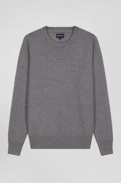 Pull col rond en laine et coton gris coupe Regular effet micro nœud papillon