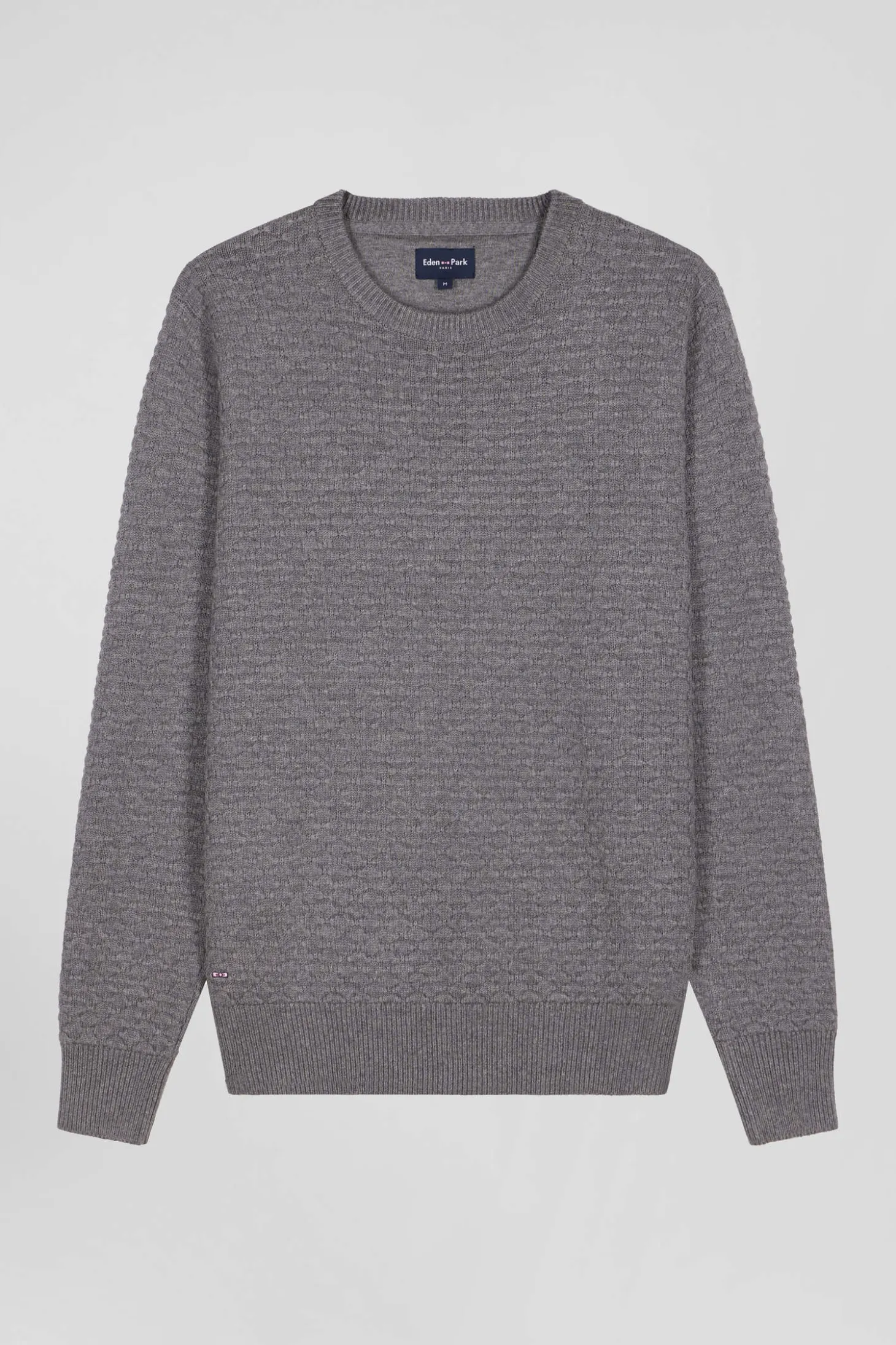 Pull col rond en laine et coton gris coupe Regular effet micro nœud papillon