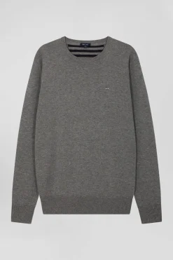 Pull col rond en laine et coton gris clair coupe Regular