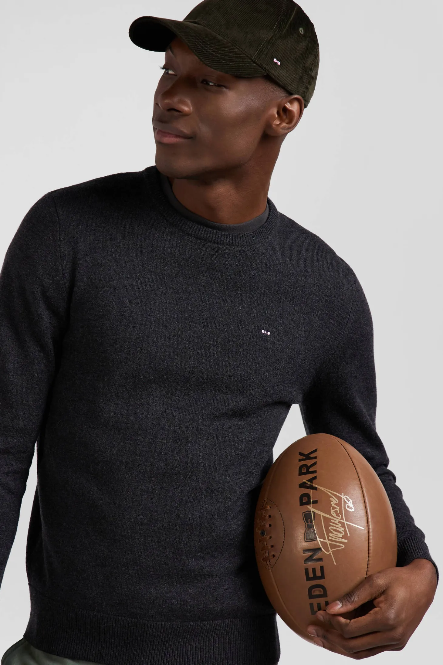 Pull col rond en laine et coton gris anthracite coupe Regular
