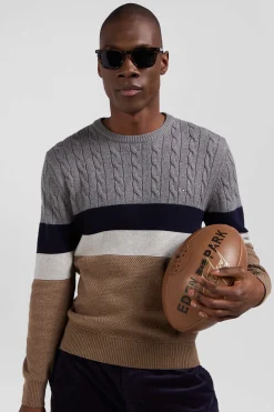 Pull col rond en laine et coton marron à jeux de maille coupe Regular
