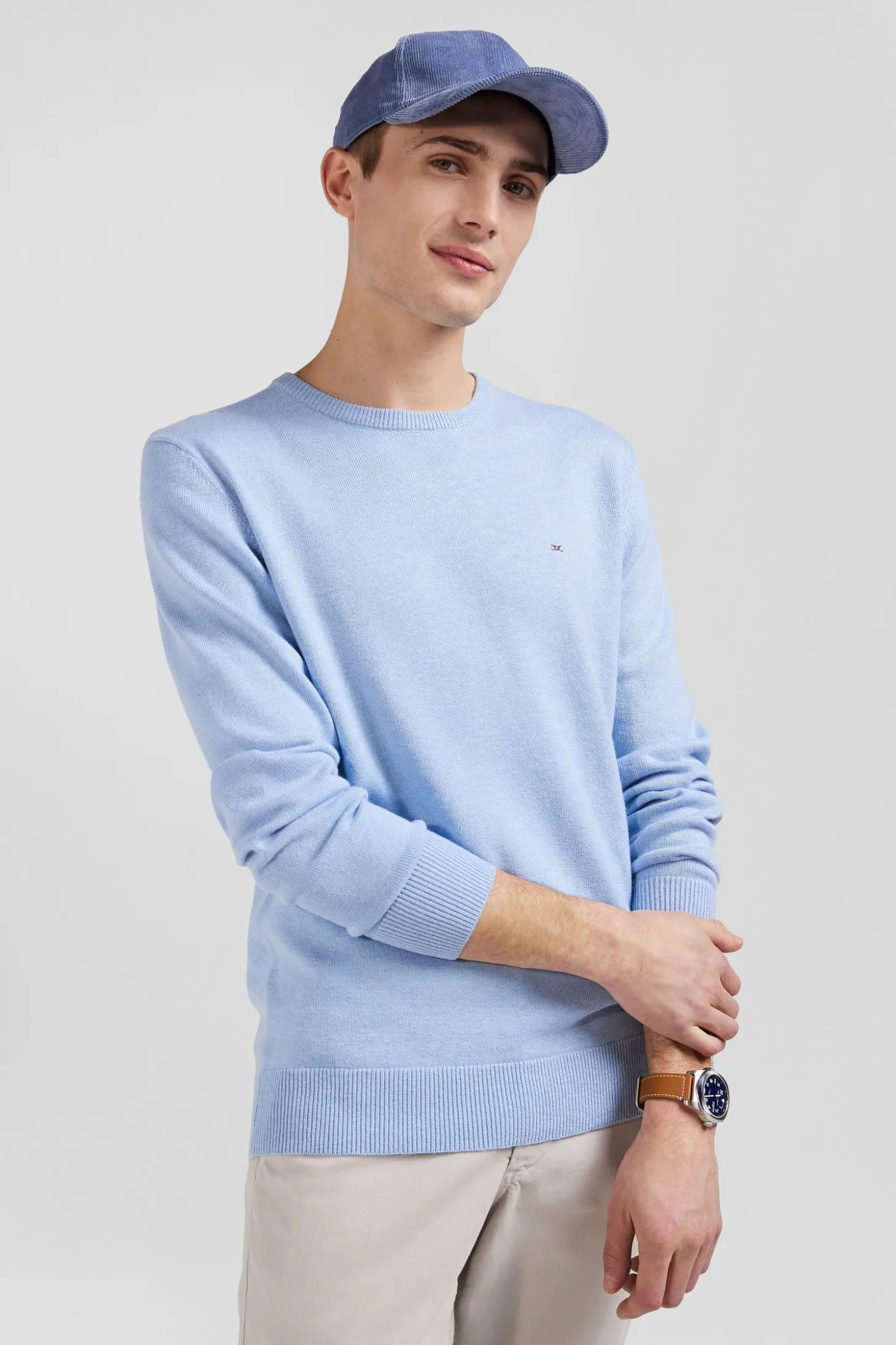 Pull col rond en laine et coton ciel coupe Regular
