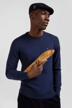 Pull col rond en laine et coton bleu foncé coupe Regular