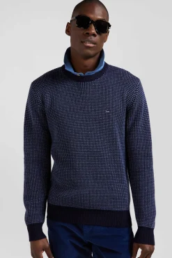 Pull col rond en laine et coton bleu marine coupe Regular
