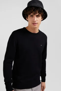 Pull col rond en laine et coton noir coupe Regular