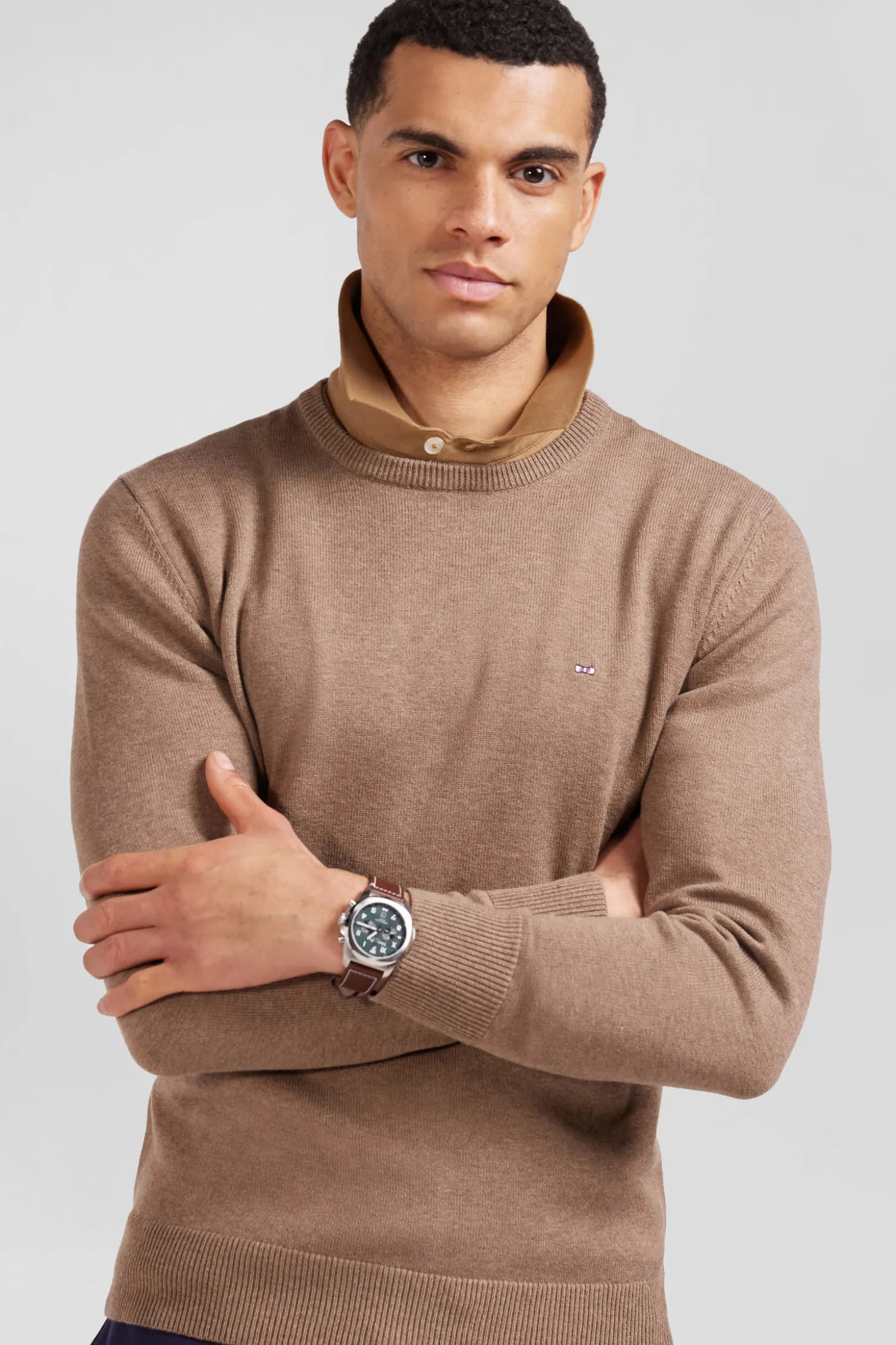 Pull col rond en laine et coton marron coupe Regular