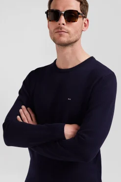 Pull col rond en laine et coton bleu marine coupe Regular