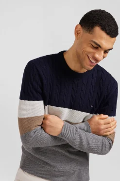 Pull col rond en laine et coton gris à jeux de maille coupe Regular