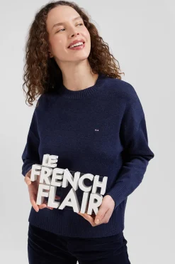 Pull col rond en laine et coton bleu marine coupe Relaxed