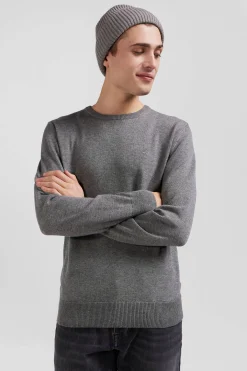Pull col rond en laine et coton gris clair coupe Regular