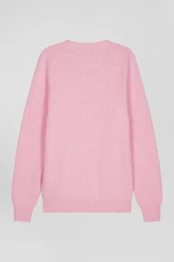 Pull col rond en laine et coton rose coupe Regular effet micro nœud papillon