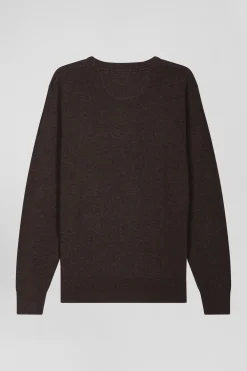 Pull col rond en laine et coton brun coupe Regular
