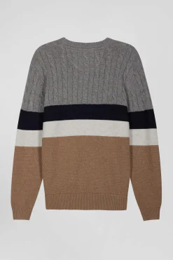 Pull col rond en laine et coton marron à jeux de maille coupe Regular