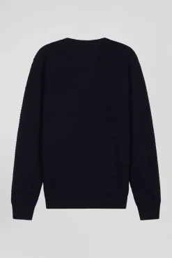 Pull col rond en laine et coton bleu marine coupe Regular effet micro nœud papillon