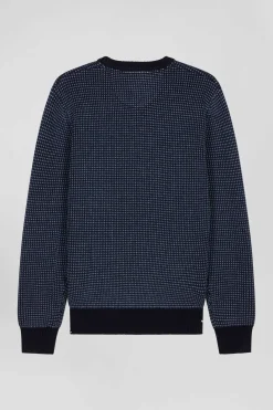 Pull col rond en laine et coton bleu marine coupe Regular
