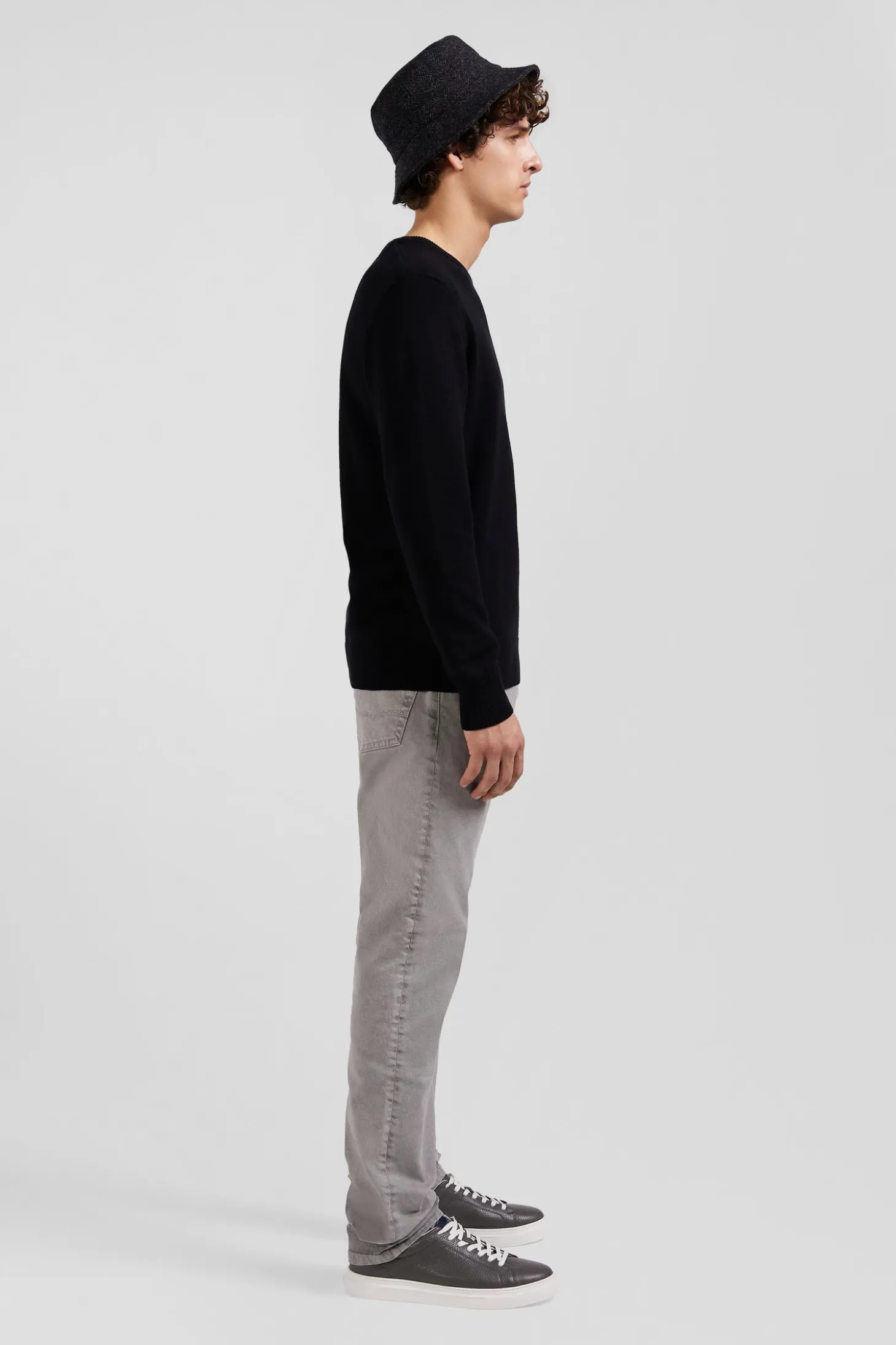 Pull col rond en laine et coton noir coupe Regular