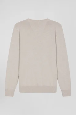 Pull col rond en laine et coton beige coupe Regular