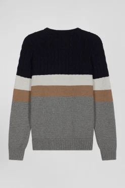 Pull col rond en laine et coton gris à jeux de maille coupe Regular