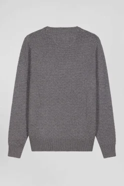Pull col rond en laine et coton gris coupe Regular effet micro nœud papillon