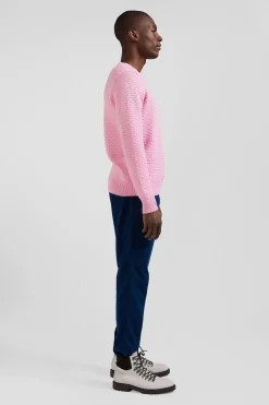 Pull col rond en laine et coton rose coupe Regular effet micro nœud papillon