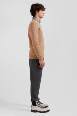 Pull col rond en laine et coton camel coupe Regular