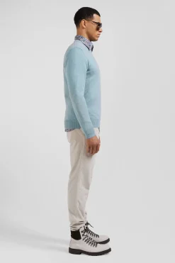 Pull col rond en laine et coton vert coupe Regular