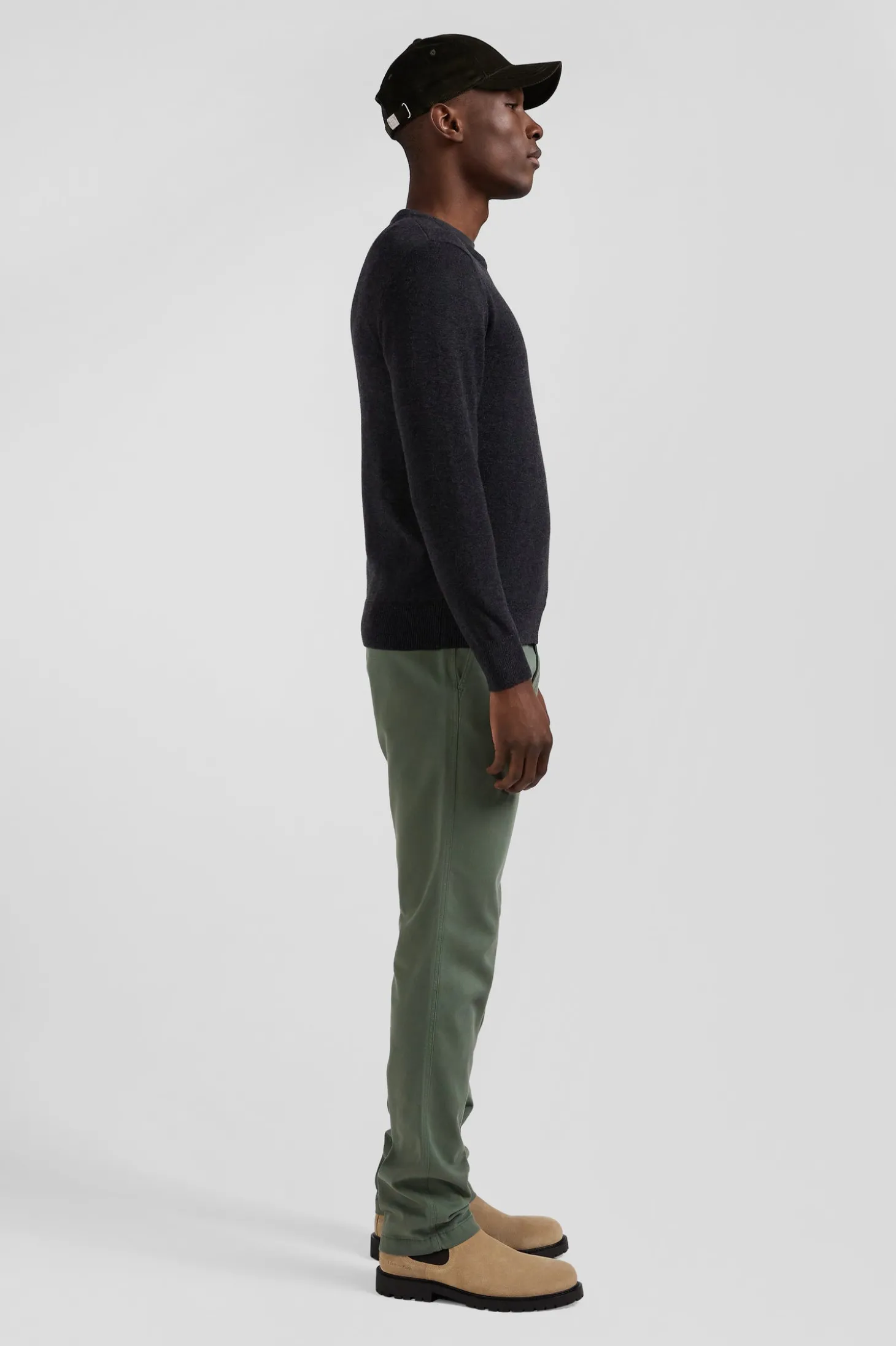 Pull col rond en laine et coton gris anthracite coupe Regular