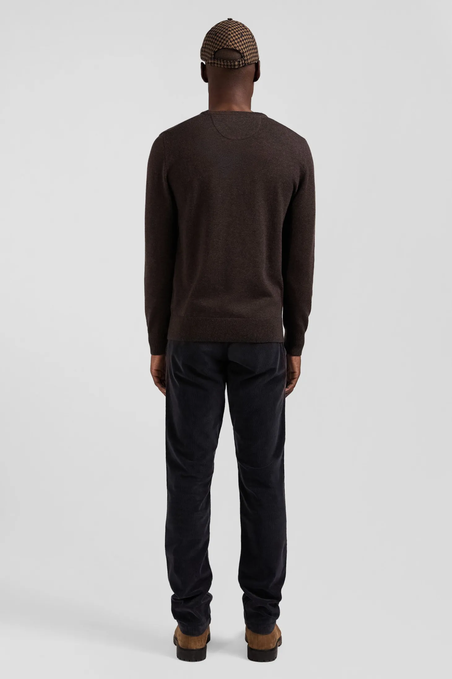 Pull col rond en laine et coton brun coupe Regular