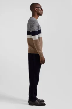 Pull col rond en laine et coton marron à jeux de maille coupe Regular