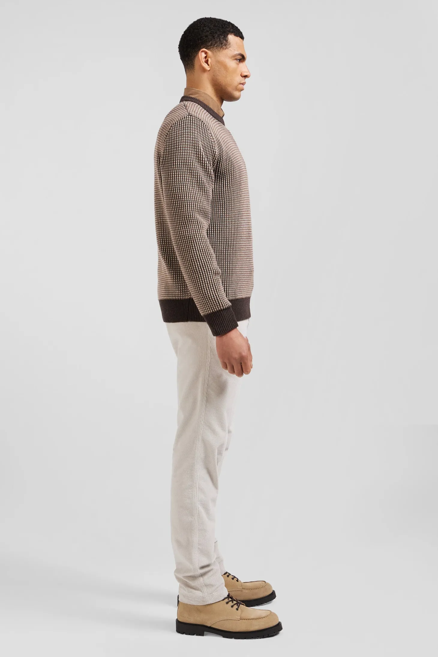 Pull col rond en laine et coton marron coupe Regular