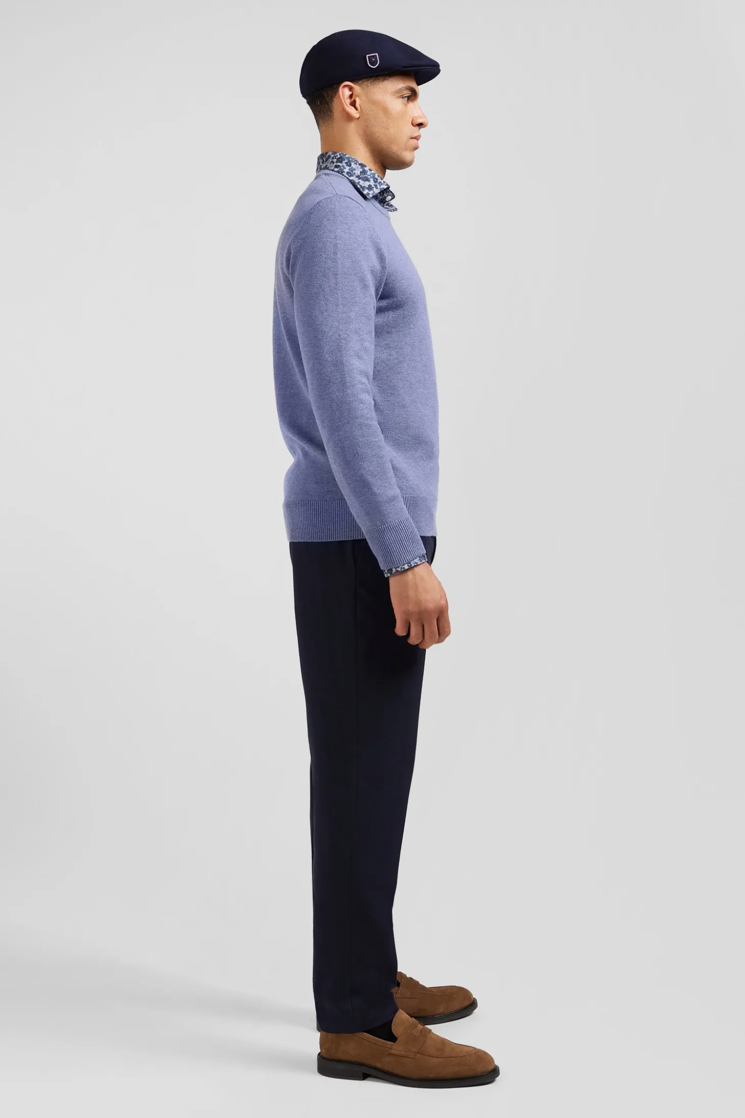 Pull col rond en laine et coton bleu clair coupe Regular