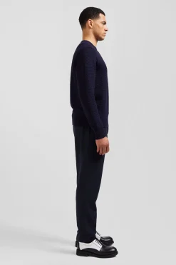Pull col rond en laine et coton bleu marine coupe Regular effet micro nœud papillon