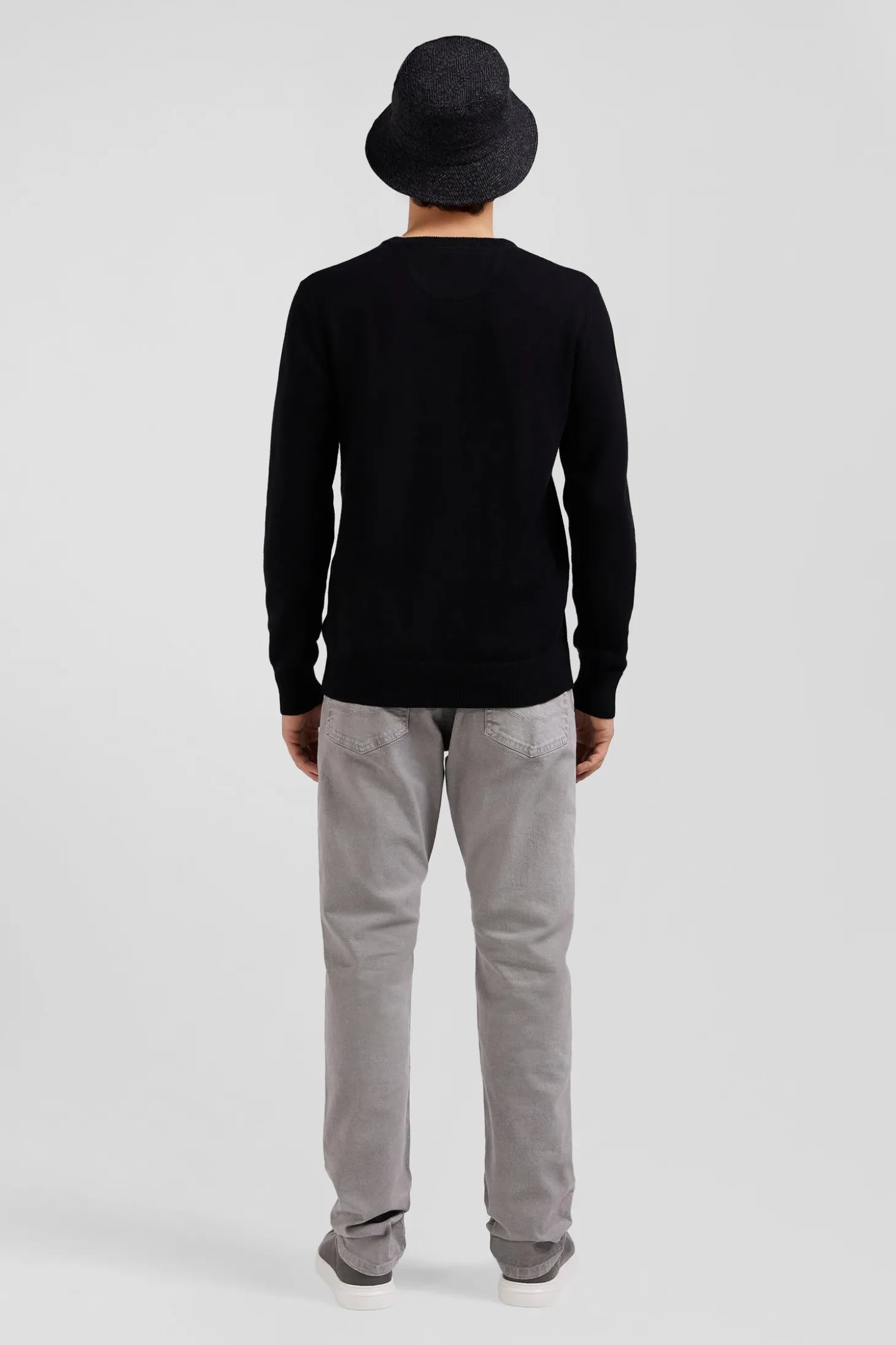 Pull col rond en laine et coton noir coupe Regular