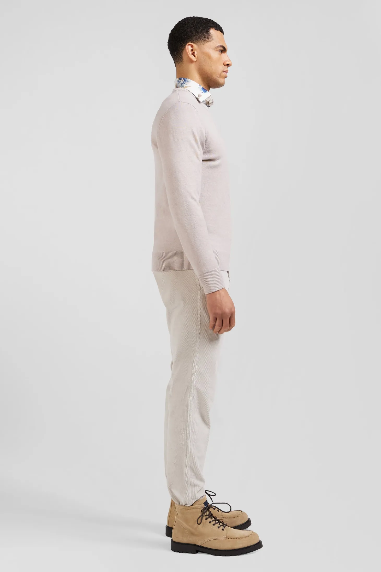 Pull col rond en laine et coton beige coupe Regular
