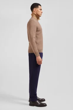 Pull col rond en laine et coton marron coupe Regular
