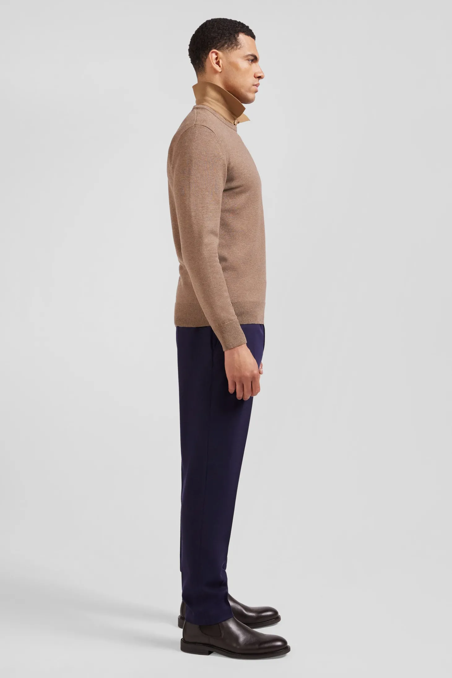 Pull col rond en laine et coton marron coupe Regular