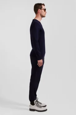Pull col rond en laine et coton bleu marine coupe Regular