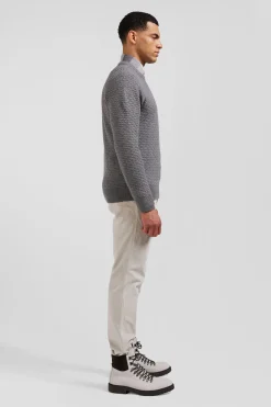 Pull col rond en laine et coton gris coupe Regular effet micro nœud papillon