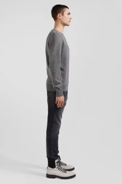 Pull col rond en laine et coton gris clair coupe Regular