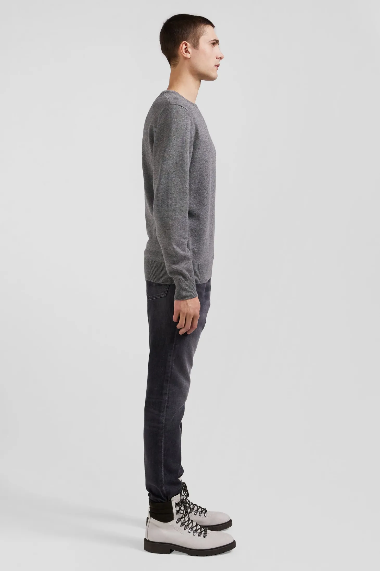 Pull col rond en laine et coton gris clair coupe Regular